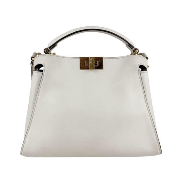 Fendi Peekaboo Essentially Leather Shoulder Bag in White and Gold, Women's, 8... - Picture 1 of 5
